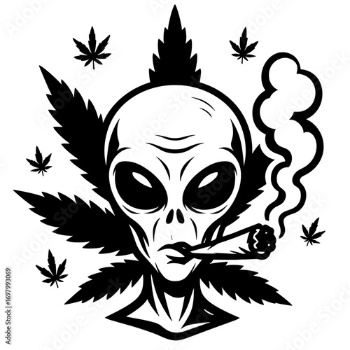 Alien head surrounded by marijuana leaves with smoke in humorous stoner-themed black and white tattoo-style vector illustration
