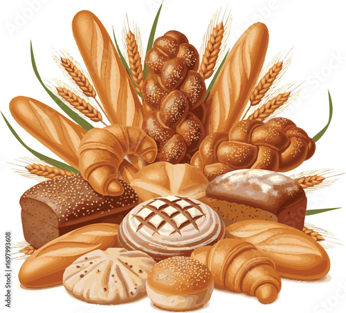 Create a kinds of deferent 3D Bread product with wheat ears set vector art with white background.