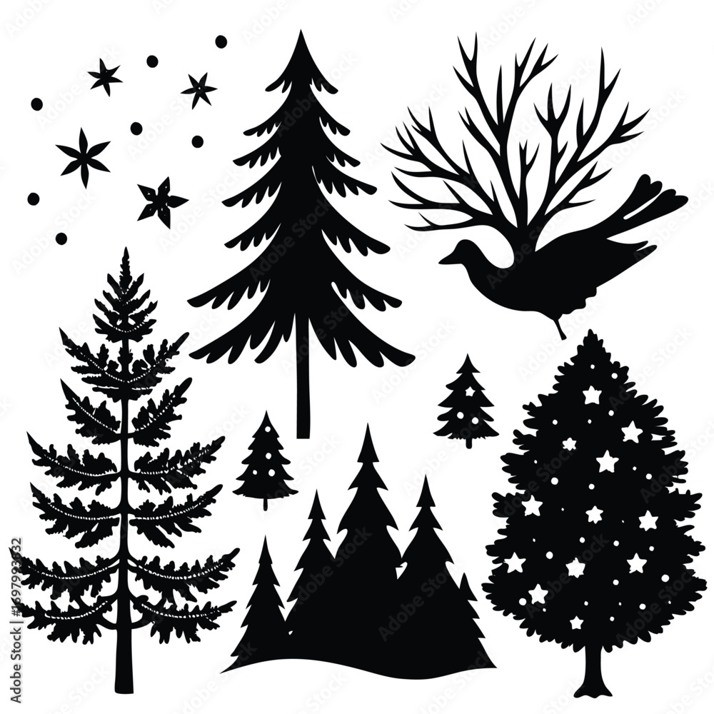 Obraz premium Magical winter forest scene with trees, stars, and a flying bird