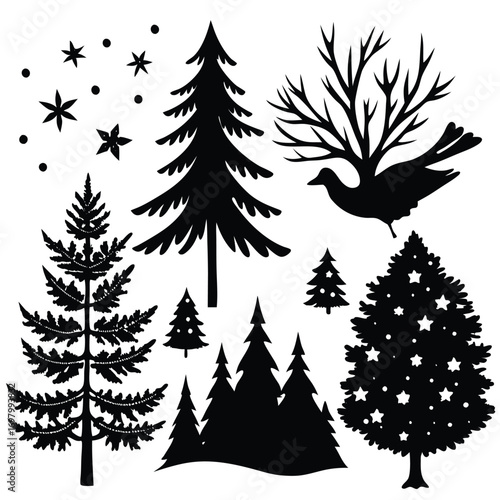 Magical winter forest scene with trees, stars, and a flying bird