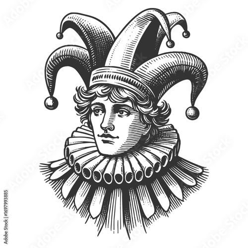 court jester wearing a traditional hat with bells, ornate clothing, and ruffled collar sketch engraving generative ai fictional character vector illustration. Scratch board. Black and white image.