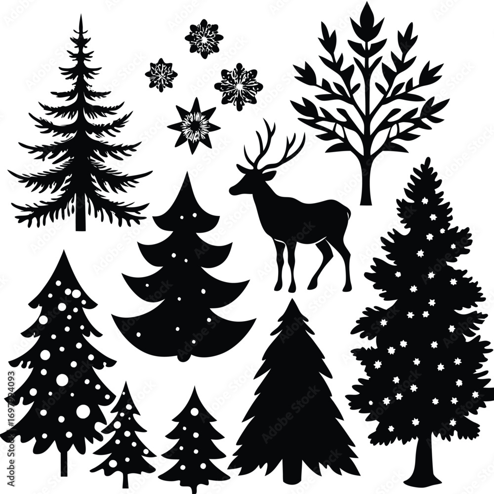 Fototapeta premium Black silhouettes of Christmas trees and deer in winter landscape