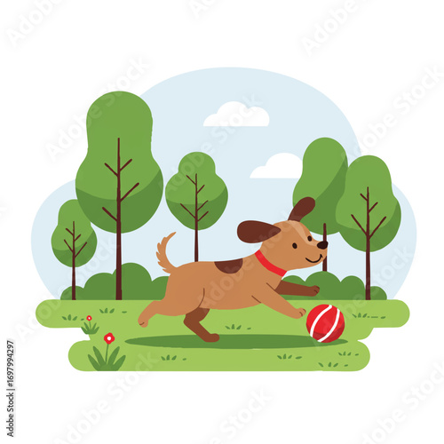 A cute brown dog is happily chasing a vibrant red ball in a sunny park with lush green trees, depicted in a charming flat 2D vector illustration with simplified style and clean outlines.