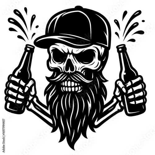 Skeleton biker with beard and bandana showing both middle fingers in bold black and white tattoo-style vector illustration
