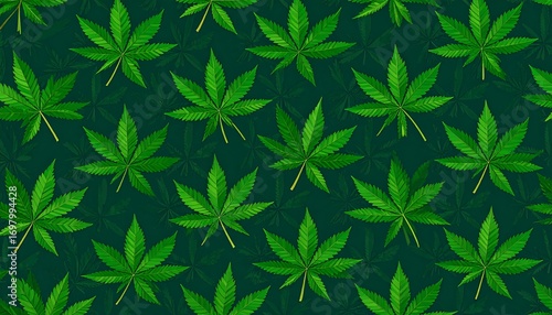 Pattern of vibrant green cannabis leaves on a deep green background