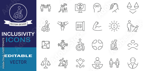 Set of inclusivity icons. Included icons as accessibility, global community, multiple, diversity, equity and more outline symbol collection. Editable stroke linear icons. Vector illustration.