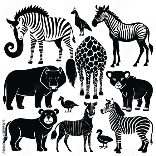 Black and white animal silhouettes for design and decoration