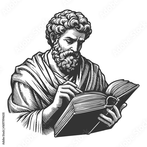 philosopher in robe, holding and studying open book, symbolizing wisdom, knowledge, and learning sketch engraving generative ai fictional character vector illustration. Scratch board. Black and white.