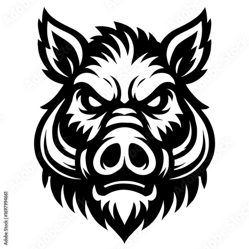 Angry wild boar face in bold aggressive mascot style black and white tattoo-style vector illustration
