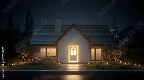 Smart home system with glowing padlock icon projected on wall, secure IoT technology concept.
