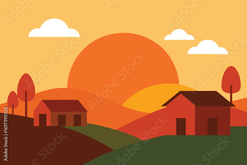 Autumn landscape featuring colorful trees and quaint houses nestled among the vibrant foliage.