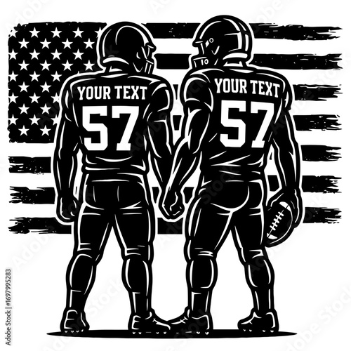 Football player raising hands in rock sign gesture with editable jersey in bold black and white tattoo-style vector illustration
