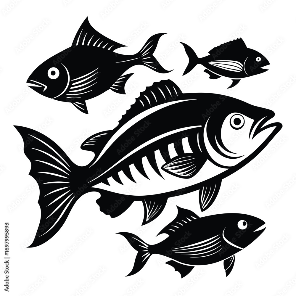 Fototapeta premium Stunning black and white illustration of four fish swimming together