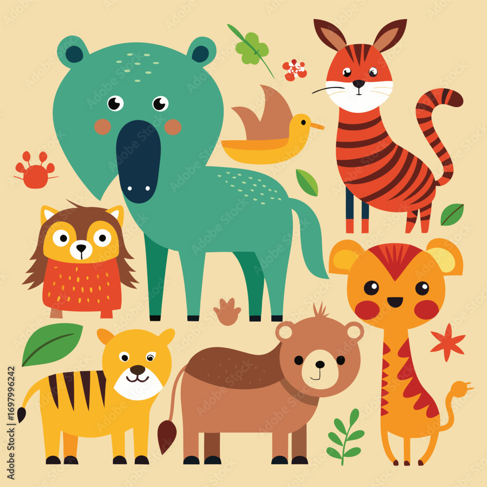 Naklejka premium Colorful cartoon animals gathered in a playful scene