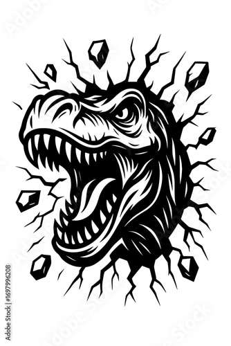 Angry dinosaur roaring with sharp teeth in bold black and white tattoo-style T-Rex vector illustration
