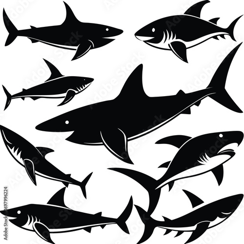 Collection of sharp black shark silhouettes on white background