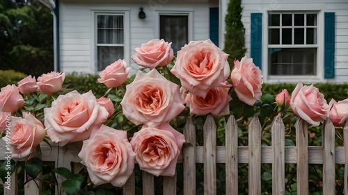 Pink roses cascading over a fence in front of a house
