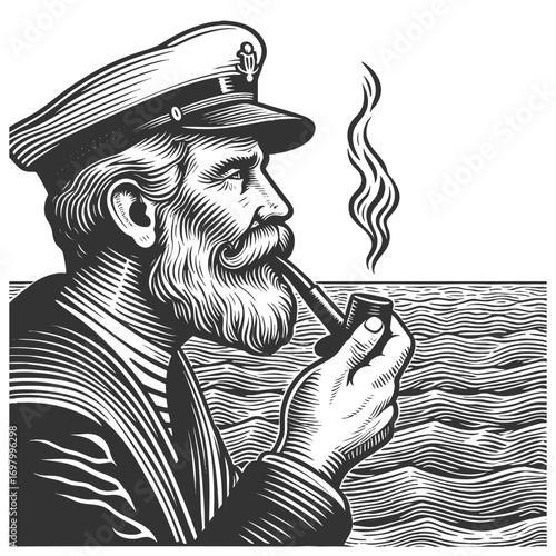old sailor with a beard smoking a pipe, standing by the sea with sailing ships sketch engraving generative ai fictional character vector illustration. Scratch board imitation. Black and white image.