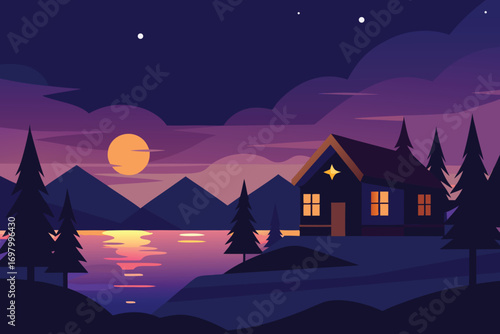 A serene house by a lake at night, illuminated by moonlight, reflecting on the calm water surface.