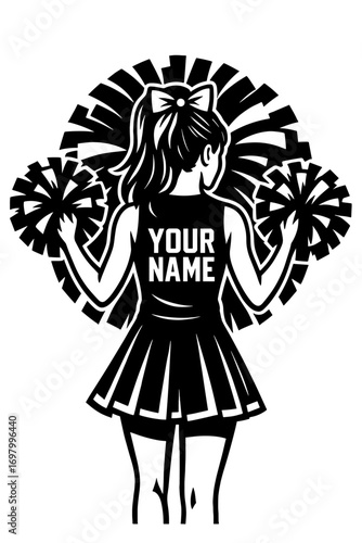 Cheerleader with pom-poms and editable name text in sporty black and white tattoo-style vector illustration
