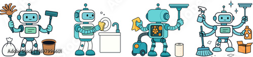 Vector illustration of cute robots doing household chores like cleaning, washing dishes, and vacuuming.
