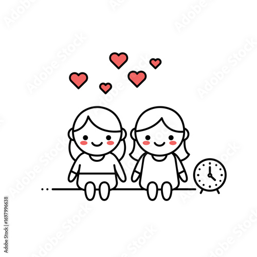 Romantic couple sitting with hearts above