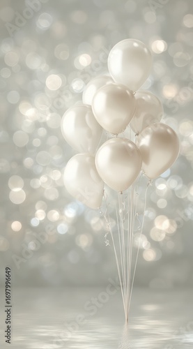 Wallpaper Mural A cluster of elegant, pearl-white balloons against a soft, silvery backdrop of bokeh highlights, creating a celebratory and sophisticated atmosphere. Torontodigital.ca