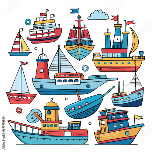 A vibrant collection of various hand-drawn cartoon ships, boats, and sailboats in a doodle style.