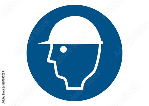 Blue and white working protection sign head protection with working helmet. Illustration made September 11th, 2025, Zurich, Switzerland.
