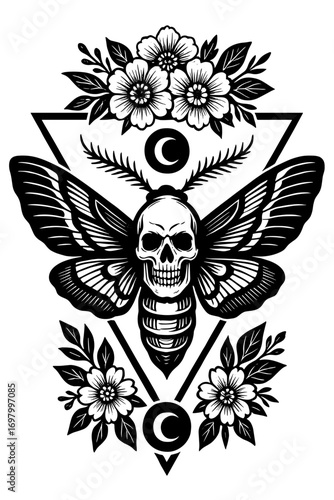 Moth with skull-marked wings and crescent moon in gothic black and white tattoo-style vector illustration
