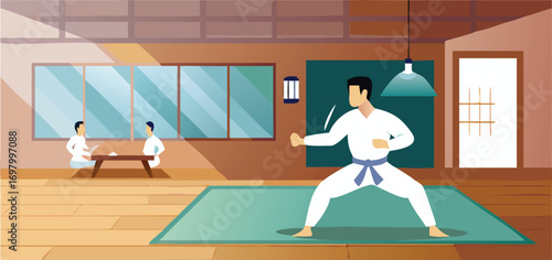 Vector illustration of a karate practitioner performing a stance in a dojo setting.