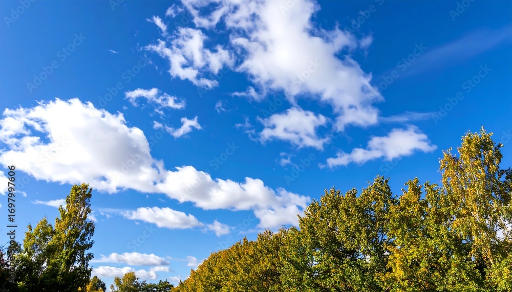 Naklejka premium A vibrant autumn sky, dotted with fluffy white clouds, is framed by a line of trees with changing foliage.