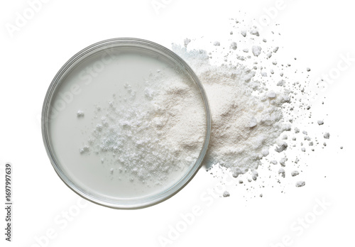 White powder in a petri dish.  Scattered powder.  Top-down view.  High-key lighting.  Studio shot