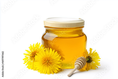 Flawless dandelion honey in glass jar with fresh yellow dandelions isolated on white background, generated AI
