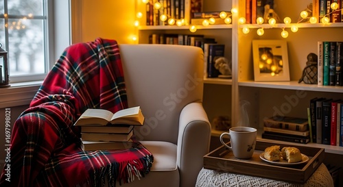 Cozy reading nook with armchair, books, blanket, and warm lights