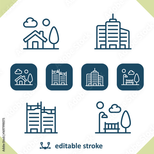 City Icons. House, Home, Apartment Building, Office Building, Construction, Park Icon