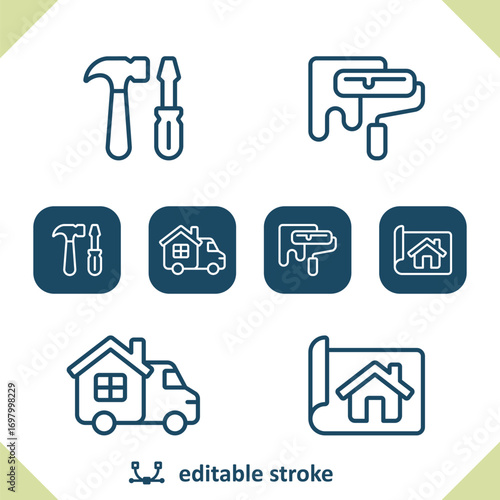 Construction Icons. Tools, Paint Roller, Home Improvement, Van, Blueprint Icon