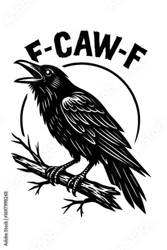 Angry raven bird vector with "F-CAW-F" text and raised middle finger wing in aggressive monochrome tattoo style
