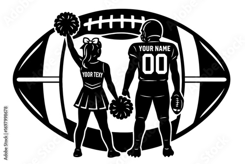 Football player with cheerleaders and pom-poms in back pose, editable team text, black and white vector design
