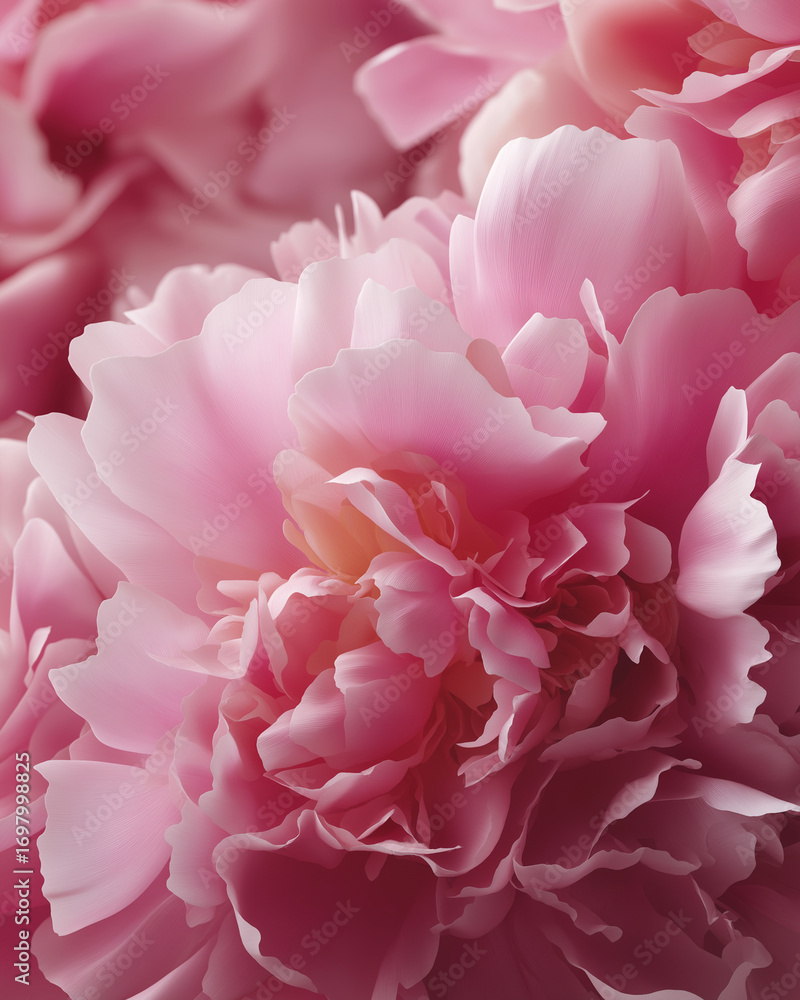 Obraz premium Closeup view of soft beautiful pink peony flowers. Suitable for spring themed designs, feminine products, wedding invitations, and floral backgrounds.