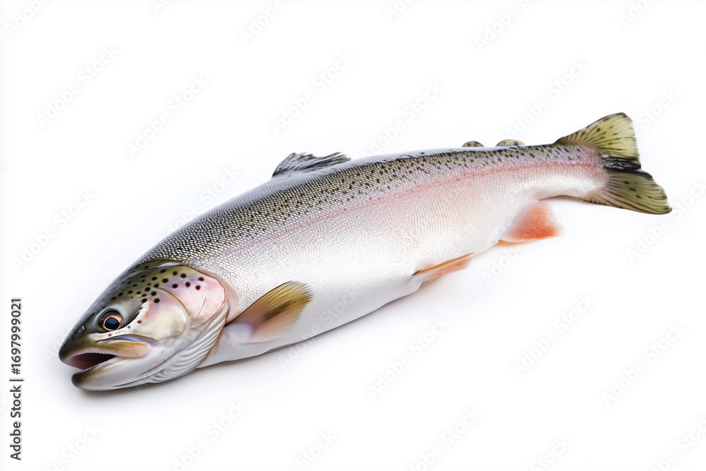 Naklejka premium Flawless raw fresh trout fish on white background isolated, generated AI