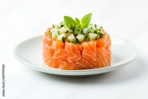 Flawless served fresh salmon tartar served on a plat isolated on white background, generated AI