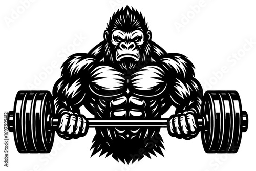 Muscular gorilla football mascot holding ball, aggressive expression, black and white editable vector artwork
