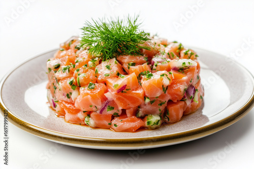 Flawless fresh salmon tartar served on a plate isolated on white background, generated AI