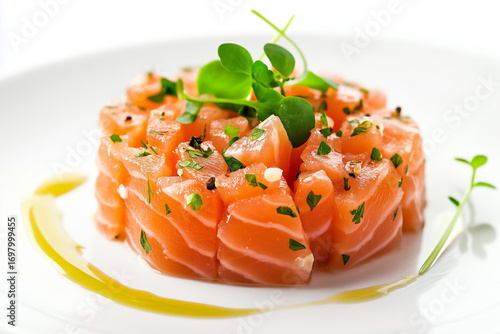Flawless fresh salmon tartar served on a plate isolated on white background, generated AI
