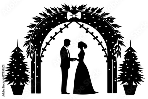 Romantic couple getting married in snowy outdoor setting,  vector illustration