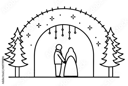 line art Romantic couple getting married in snowy outdoor setting,  vector illustration