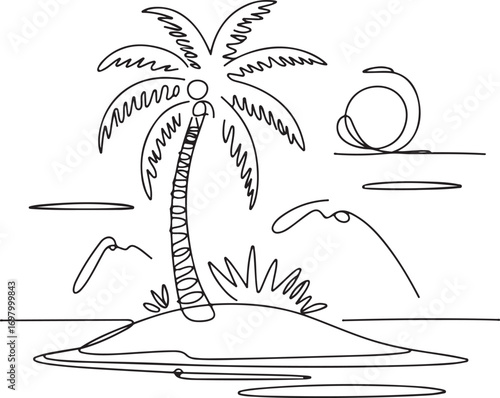 Continuous line art of tropical island with palm tree abstract minimal vacation vector illustration