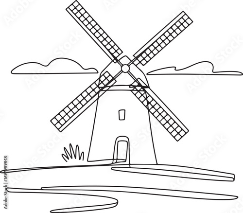 Continuous line art of windmill in countryside abstract minimal rural landmark vector illustration