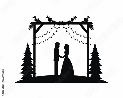 Romantic couple getting married in snowy outdoor setting,  vector illustration